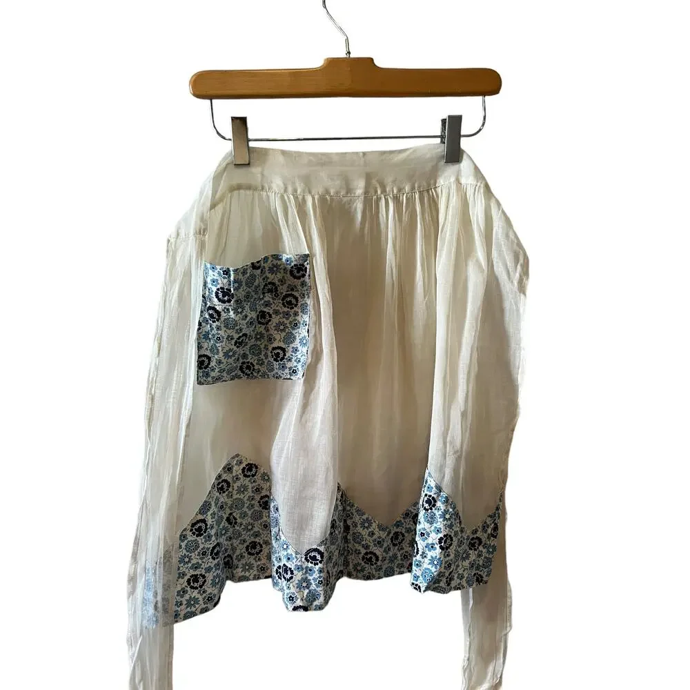 Two Vintage 60s Sheer Half Aprons Pink Blue Floral Print
